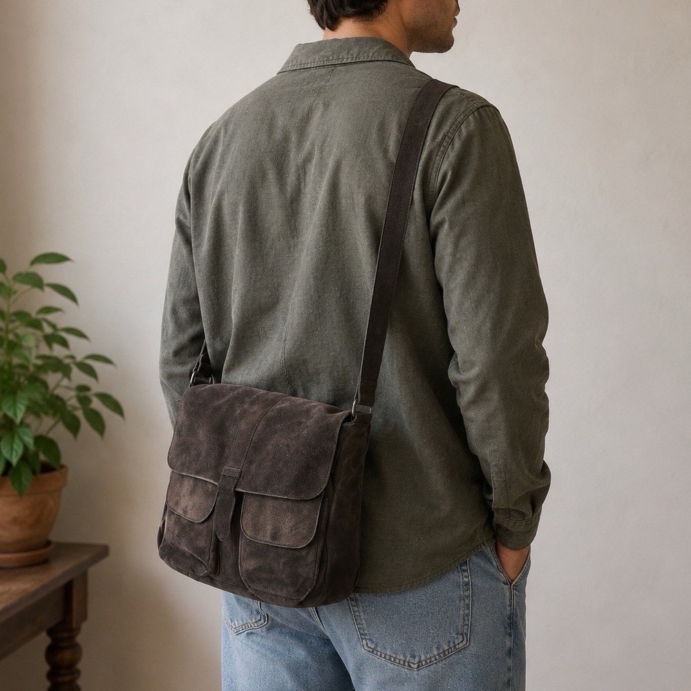 VTG Y2K Leather Suede Messenger Satchel Bag School Laptop Biker Cross Body Purse